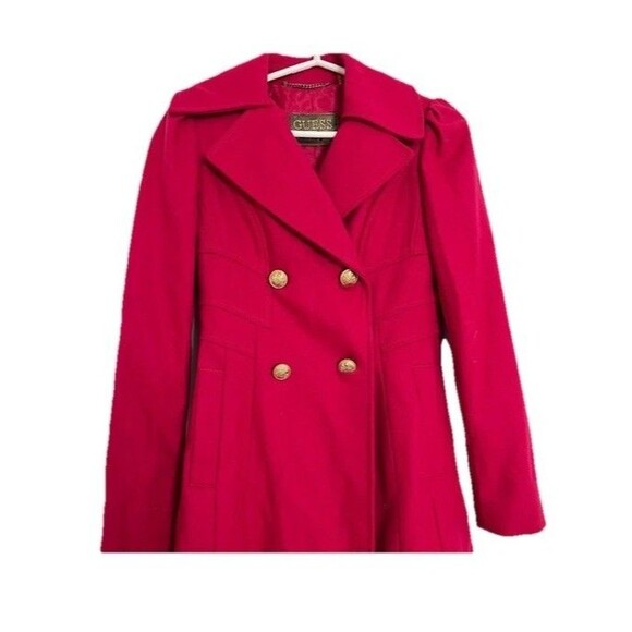 Guess Los Angeles Hot Pink Wool Blend Pea Coat Gold Buttons Feminine Cut SZ S - Picture 3 of 8